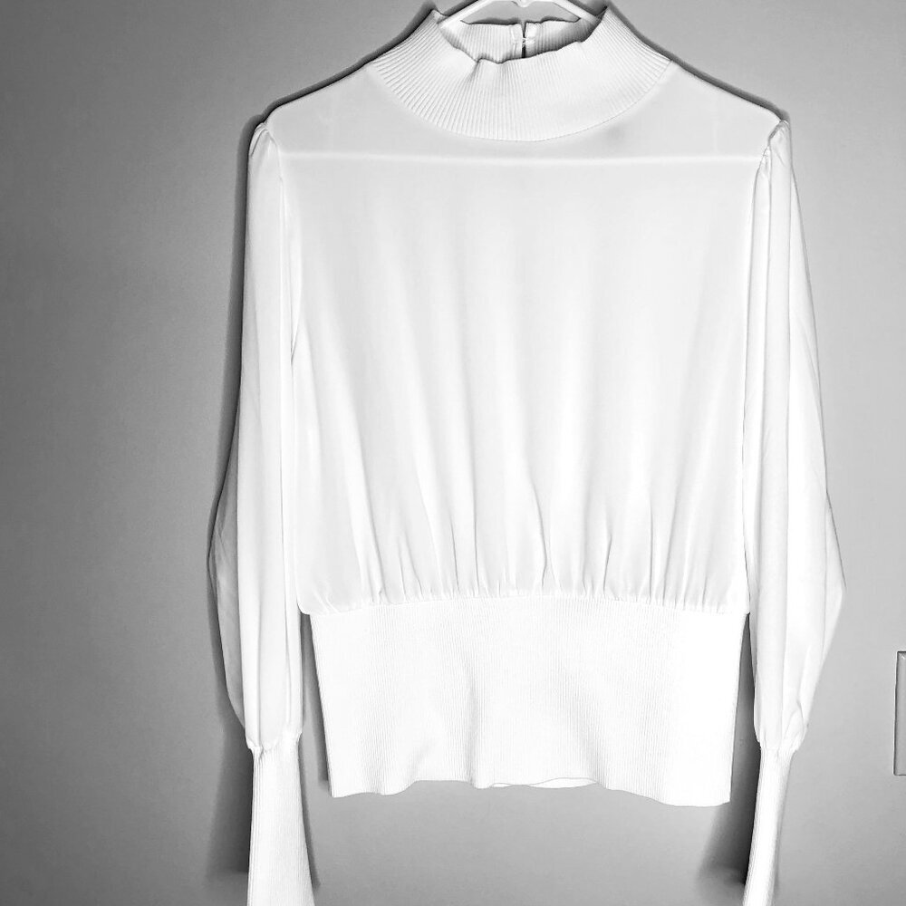 WHBM White Mock Turtle-Neck Blouse, NWOT, Size L